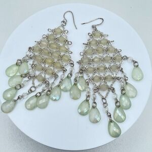 Vintage 90s Pale Green Iridescent Mesh Linked Earrings Silver Tone Jewelry